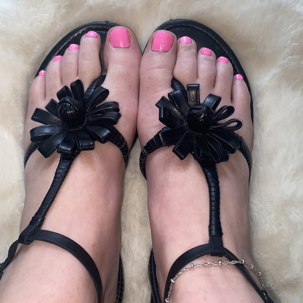 Cole Haan | Black leather floral sandals with wrap around ankle straps | Sz 7.5